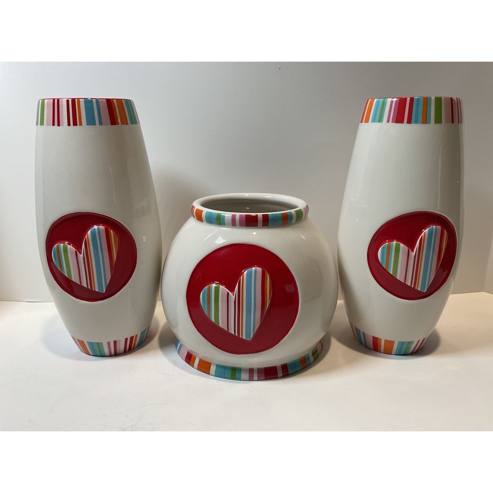 Ganz Heart Vases Set of 3 Heart Striped Colorful Ceramic Decorative Home Decor